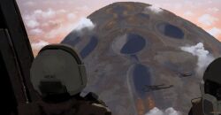  2boys aircraft clouds cloudy_sky combat_helmet helicopter helmet highres looking_ahead mask megastructure military military_uniform multiple_boys object_focus red_sky repha_(universe) respirator rythayze sky 