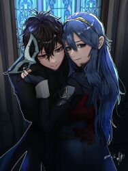  1boy 1girl absurdres amamiya_ren black_coat black_hair blue_eyes blue_hair blue_sweater coat crossover eva02asuka0608 fire_emblem fire_emblem_awakening hetero highres hug joker_(persona_5) long_hair looking_at_viewer lucina_(fire_emblem) persona persona_5 short_hair smile stained_glass sweater tiara 