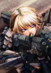  absurdres armor assault_rifle blonde_hair blue_eyes bullpup full_armor gun highres rifle science_fiction sen-hime_(shou_mai) sengoku_hime shorts shou_mai solo weapon 