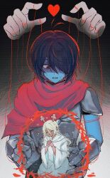  1girl 2others antlers aqua_skin armor black_hair blonde_hair closed_eyes colored_skin commentary deer_antlers deer_girl deltarune english_commentary gauntlets hair_over_one_eye highres horns jewelry kris_(dark_world)_(deltarune) kris_(deltarune) luvvly_u multiple_others noelle_holiday noelle_holiday_(dark_world) puppet_strings red_eyes red_soul_(utdr) ring robe soul_(utdr) thorn_ring_(deltarune) thorns utdr_(toby_fox) weird_route_(deltarune) white_robe 