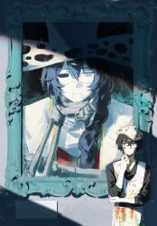  2boys apron belt black_eyes black_hair black_shirt blue_eyes braid canvas_(object) closed_mouth hair_between_eyes hat highres holding holding_paintbrush hong_lu_(project_moon) hzcppks limbus_company long_hair male_focus multiple_boys paint paint_on_clothes paint_palette paint_splatter paint_stains paintbrush painting_(object) picture_frame project_moon ring_(identity)_(project_moon) shirt short_hair vest yi_sang_(project_moon) 