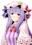  blush bow breasts bust crescent dress hair_bow hat long_hair mizuno_asami patchouli_knowledge purple_eyes purple_hair ribbon smile solo touhou violet_eyes 