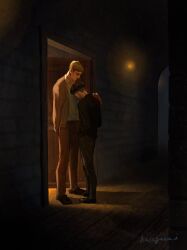  2boys amputee black_shirt black_shoes blonde_hair brown_pants closed_eyes collared_shirt commentary_request door doorway dress_shoes erwin_smith grey_pants hand_on_another's_shoulder highres indoors kasagana_i levi_(shingeki_no_kyojin) male_focus multiple_boys open_door pants shingeki_no_kyojin shirt shoes short_hair twitter_username very_short_hair white_shirt wing_collar 