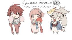  2boys 2girls absurdres ahoge alternate_costume blue_haori candy_apple cotton_candy fire_emblem fire_emblem_fates food grey_hair hair_between_eyes haori high_ponytail highres hinoka_(fire_emblem) japanese_clothes kimono multiple_boys multiple_girls open_mouth pink_hair pink_kimono ponytail red_hair red_kimono ryoma_(fire_emblem) sakura_(fire_emblem) siblings simple_background smile sou_mei takumi_(fire_emblem) translation_request white_kimono 