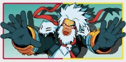  1boy beard black_jacket body_fur border digimon digimon_(creature) facial_hair fangs franmorelloart gokuwmon grey_hair highres jacket monkey_boy pixel_art red_eyes solo tongue tongue_out upper_body white_border white_fur 