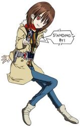  1girl belt blue_pants blush boots brown_hair coat commentary_request denim faiz_driver faiz_phone faiz_pointer full_body fur-trimmed_coat fur_trim holding jeans kamen_rider kamen_rider_555 long_sleeves looking_at_viewer medium_hair open_clothes open_coat open_mouth pants rider_belt shirt simple_background smile solo sonoda_mari sue555 tokusatsu white_background white_boots white_coat winter_clothes 