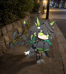  1girl :3 absurdres ahoge arknights black_boots black_hair black_jacket boots chibi chibi_only chinese_commentary closed_mouth colored_inner_hair commentary_request crystal full_body green_eyes green_hair highres jacket lamppost long_hair long_sleeves looking_at_viewer mon3tr_(arknights) motion_blur multicolored_hair outdoors photo-referenced photo_background road sleeves_past_fingers sleeves_past_wrists solo standing street tail tail_wagging wwfo_2 