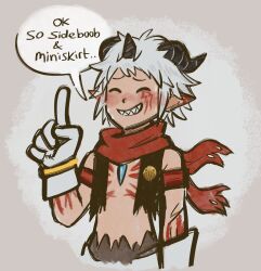  1boy aegiomon black_horns black_vest body_markings chest_jewel commentary digimon digimon_(creature) english_commentary english_text facial_mark gloves goat_boy grey_hair highres horns male_focus mnmars_art no_shirt pointy_ears red_scarf satyr scarf sharp_teeth short_hair solo speech_bubble teeth vest white_gloves 