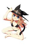  absurdres adjusting_hat arm_support bare_legs bare_shoulders barefoot bikini black_bikini blonde_hair blue_eyes cat_tail collarbone feet from_above hat highres indian_style long_hair looking_at_viewer looking_up navel original simple_background sitting smile solo swimsuit tail tanaka_kunihiko white_background 