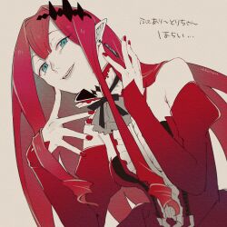 1girl baobhan_sith_(fate) baobhan_sith_(first_ascension)_(fate) bare_shoulders blue_eyes breasts center_frills commentary_request detached_collar detached_sleeves dress earrings fangs fate/grand_order fate_(series) fingernails frills grey_eyes hair_ornament highres jewelry long_hair long_sleeves looking_at_viewer nail_polish neko_mori open_mouth pink_hair pointy_ears red_dress red_hair red_nails sidelocks simple_background smile solo teeth upper_body white_background 