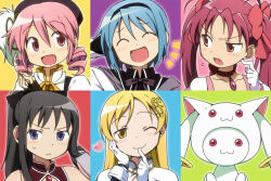 5girls :3 akemi_homura akemi_homura_(cosplay) akemi_homura_(magical_girl) alternate_hairstyle arieko bad_id black_bow black_bowtie black_gloves black_hair black_hairband black_hat blonde_hair blue_eyes blue_hair bow bow_choker bowtie brooch brown_eyes cape character_hat choker closed_mouth column_lineup cosplay creature drill_hair fang finger_to_cheek finger_to_mouth fingerless_gloves flying_sweatdrops fortissimo gloves grid_lineup hair_between_eyes hair_bow hair_ornament hairband hand_on_own_head hand_up hands_up hat heart jewelry kaname_madoka kaname_madoka_(cosplay) kaname_madoka_(magical_girl) kyubey kyubey_(cosplay) laughing long_hair looking_at_another looking_at_viewer looking_to_the_side magical_girl mahou_shoujo_madoka_magica mahou_shoujo_madoka_magica_(anime) miki_sayaka miki_sayaka_(cosplay) miki_sayaka_(magical_girl) multiple_girls musical_note musical_note_hair_ornament neck_ribbon notice_lines one_eye_closed open_mouth own_hands_together pendant_choker pink_hair ponytail portrait red_bow red_choker red_eyes red_hair red_shirt ribbon sakura_kyoko sakura_kyoko_(cosplay) sakura_kyoko_(magical_girl) self_cosplay shirt short_hair sideways_glance sleeveless sleeveless_shirt smile sweatdrop tomoe_mami tomoe_mami_(cosplay) tomoe_mami_(magical_girl) twin_drills twintails white_cape white_gloves white_shirt yellow_eyes yellow_ribbon 