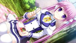  1girl bento blue_bow blue_skirt bow bowtie buttons chopsticks collared_shirt day double-breasted dutch_angle frilled_skirt frills game_asset grass hair_bow highres hisanaga_kuon holding holding_bento holding_chopsticks jacket juliet_sleeves konakana_2:_konata_yori_kanata_made_ii light_smile long_hair long_sleeves minase_(dragon_panda) miniskirt multicolored_jacket multiple_views non-web_source official_art outdoors pantyhose picnic_blanket pink_hair pleated_skirt puffy_sleeves school_uniform seiza shirt sitting skirt sleeve_cuffs socks thigh-highs tree twintails two-tone_jacket very_long_hair violet_eyes white_jacket white_thighhighs yellow_bow yellow_bowtie 