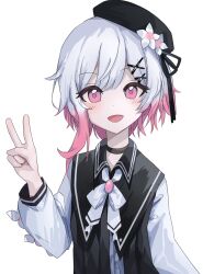  beret black_choker black_coat black_hat center_frills choker coat collared_coat commentary_request flower flower-trimmed_sleeves frills froster-vg gradient_hair hair_flower hair_ornament hat hat_flower hat_ribbon highres long_sleeves looking_at_viewer mahou_shoujo_no_majo_saiban multicolored_hair neck_ribbon open_mouth pink_eyes pink_hair ribbon sakuraba_ema shirt short_hair simple_background sleeveless sleeveless_coat smile upper_body v white_background white_flower white_hair white_ribbon white_shirt white_sleeves x_hair_ornament 