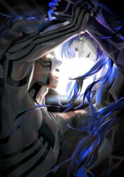  2boys absurdly_long_hair absurdres androgynous arm_up black_hair blue_hair body_markings commentary demi-fiend eye_contact eyelashes floating_hair gapamopa glowing glowing_eyes highres long_hair long_sleeves looking_at_another male_focus multiple_boys open_mouth profile protagonist_(aogami_nahobino)_(smtv) protagonist_(smtv) shin_megami_tensei shin_megami_tensei_iii:_nocturne shin_megami_tensei_v shin_megami_tensei_v:_vengeance short_hair topless_male upper_body very_long_hair yellow_eyes 