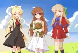  3girls :d ^_^ air_(visual_novel) arms_behind_back bare_shoulders black_dress blonde_hair blue_sky blush bow bowtie brown_eyes brown_hair capelet clannad closed_eyes closed_mouth commentary_request company_connection crossover dress facing_viewer feet_out_of_frame garbage_doll girl_from_the_illusionary_world hair_between_eyes hair_intakes highres kamio_misuzu kanon kanon_school_uniform key_(company) kurata_sayuri long_hair long_sleeves looking_at_viewer luki1192759520 multiple_crossover multiple_girls ocean open_mouth outdoors ponytail puffy_short_sleeves puffy_sleeves purple_bow purple_bowtie red_capelet red_dress school_uniform shirt short_dress short_sleeves sidelocks sky sleeveless sleeveless_dress smile standing sundress very_long_hair white_dress yellow_shirt 