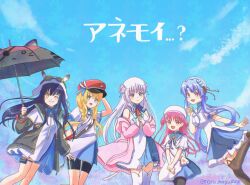  5girls :d ;) adversarial_noise anemoi arm_up awayuki_hiiro awayuki_hiiro_(cosplay) bare_shoulders beret black_hair black_pantyhose black_thighhighs black_umbrella blonde_hair blue_dress blue_eyes blue_hair blue_sky blunt_ends blush braid breasts cardigan cardigan_partially_removed closed_mouth commentary_request company_connection copyright_name cosplay cowboy_shot day double_bun dress feet_out_of_frame floating_hair food fusaba_aino fusaba_aino_(cosplay) goggles goggles_on_headwear green_eyes hair_between_eyes hair_bun hair_ribbon hat hayakawa_rikka hayakawa_rikka_(cosplay) highres holding holding_food holding_popsicle holding_umbrella katou_umi key_(company) kushima_kamome large_breasts leg_up long_hair looking_at_viewer low_twin_braids maru_mayu multiple_girls naruse_shiroha one_eye_closed open_cardigan open_clothes open_mouth outdoors own_hands_together pantyhose peaked_cap pink_cardigan pink_hair popsicle red_eyes red_hat red_ribbon ribbon school_uniform shirato_koyomi shirato_koyomi_(cosplay) short_dress short_sleeves shorts shorts_under_skirt sidelocks sky sleeveless sleeveless_dress smile sorakado_ao standing standing_on_one_leg summer_pockets thigh-highs translated tsujikura_spica tsujikura_spica_(cosplay) tsumugi_wenders twin_braids twitter_username two-tone_dress two_side_up umbrella v_arms very_long_hair watermelon_bar white_dress white_hair white_hat white_thighhighs yellow_eyes zettai_ryouiki 