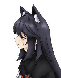  1girl absurdres animal_ear_fluff animal_ears arknights black_hair black_jacket commentary from_side highres jacket light_blush long_hair looking_ahead otogichan_hshs parted_lips portrait sidelocks simple_background solo sweatdrop texas_(arknights) white_background wolf_ears wolf_girl yellow_eyes 