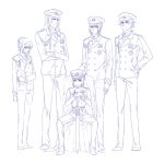  1girl 3boys 4boys androgynous bedivere berserker_(fate/zero) excalibur fate/stay_night fate/zero fate_(series) gawain_(fate/extra) kanmuri_(hanyifan30338) long_hair military military_cap military_uniform monochrome mordred multiple_boys multiple_girls planted_sword planted_weapon reverse_trap saber saber_of_red short_hair sitting sword tomboy uniform weapon 