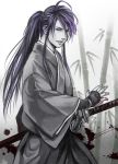  bamboo blood blue_eyes japanese_clothes kamui_gakupo katana kimono long_hair male ohse ponytail purple_hair solo spot_color sword vocaloid weapon 