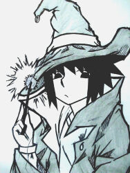  1boy absurdres alternate_costume commentary english_commentary grey_background greyscale hat high_collar highres holding holding_wand irishcute looking_at_viewer male_focus monochrome naruto_(series) naruto_shippuuden short_hair solo uchiha_sasuke upper_body wand wizard_hat 