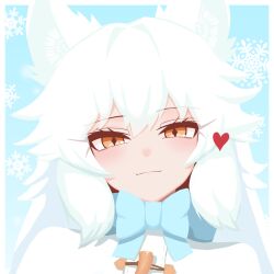  1girl animal_ears arctic_fox_(kemono_friends) blue_background blue_bow blue_bowtie blush border bow bowtie diamond-shaped_pupils diamond_(shape) fox_ears fox_girl heart highres kemono_friends kemono_friends_3 looking_at_viewer nijiiro_(graynbow_wolf) orange_eyes portrait simple_background smile snowflake_background solo symbol-shaped_pupils white_border white_hair 