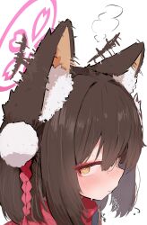  1girl animal_ear_fluff animal_ears blue_archive blush brown_hair closed_mouth colored_inner_animal_ears commentary_request eyeshadow fox_ears fox_girl hair_between_eyes hair_ornament halo highres izuna_(blue_archive) looking_at_viewer makeup nyashiro_(sgylk) pink_halo pom_pom_(clothes) portrait red_scarf scarf short_hair simple_background solo twitching white_background yellow_eyes 
