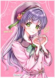  1girl beret brown_hat collared_dress commentary_request contrast_collar dated doodle_inset dream_believers dress flower green_eyes hair_flower hair_ornament hanamiya_nina_(style) hat heart heart_hands highres long_hair long_sleeves looking_at_viewer love_live! love_live!_hasu_no_sora_jogakuin_school_idol_club meiji_(mosamoo3) otomune_kozue pink_background pink_dress purple_hair red_flower rounded_collar solo tassel tassel_hair_ornament twitter_username virtual_youtuber 