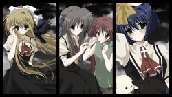  4girls air_(visual_novel) animal_on_shoulder arm_up ascot bird bird_on_shoulder black_dress blonde_hair blowing_bubbles blue_eyes blue_hair blue_ribbon blush brown_shorts bubble_pipe clouds cloudy_sky cross_brooch crow dog dress green_eyes green_shirt grey_hair hair_between_eyes hair_intakes hair_ribbon highres kamio_misuzu kirishima_kano long_hair looking_at_viewer michiru_(air) multiple_girls ponytail potato_(air) puffy_short_sleeves puffy_sleeves red_ascot red_eyes red_hair ribbon school_uniform shirt short_hair short_sleeves shorts sidelocks sky sleeveless sleeveless_shirt sora_(air) takanashi_(takanya_shi) toono_minagi very_long_hair white_fur white_ribbon wrist_ribbon 