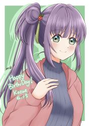  1girl absurdres bloom_garden_party_jacket border character_name commentary_request dated drop_shadow flower green_background grey_sweater hair_bun hair_flower hair_ornament happy_birthday highres jacket long_hair love_live! love_live!_hasu_no_sora_jogakuin_school_idol_club love_live!_hasu_no_sora_jogakuin_school_idol_club_bloom_garden_party misappi open_clothes open_jacket otomune_kozue outside_border purple_hair red_flower ribbed_sweater side_ponytail sidelocks signature simple_background single_side_bun solo sweater tassel tassel_hair_ornament turtleneck turtleneck_sweater white_border 