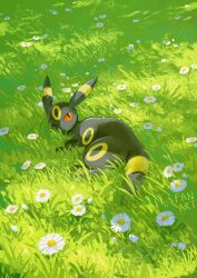  commentary_request day flower grass highres kuchiba_(jret2454) lying no_humans on_side one_eye_closed outdoors pokemon pokemon_(creature) pokemon_focus red_eyes solo umbreon white_flower 