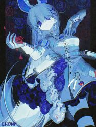  1girl animal_ears asymmetrical_dress belt belt_charm blue_eyes blue_flower blue_rose braid buttoned_cuffs buttons cardiogram_print charm_(object) colored_skin cowboy_shot crossed_legs dark_background dress falling_petals flower frilled_dress frills gloves hair_ornament hand_on_own_chest heart heart_(organ) high-waist_belt high_collar highres holding holding_flower l1m3candy layered_dress leaning_back light_smile limited_palette long_sleeves looking_up multicolored_buttons multicolored_thighhighs nurse_dress organs original outstretched_arm petals puff_and_slash_sleeves puffy_sleeves rabbit_ears rose short_dress side_slit single_braid sleeve_cuffs solo split_mouth standing striped_clothes striped_thighhighs syringe thigh-highs two-tone_thighhighs white_belt white_gloves white_hair white_skin 
