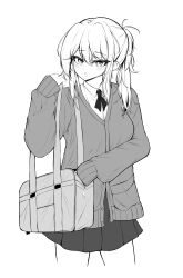  1girl absurdres bag blush breasts cardigan commentary_request cropped_legs geah greyscale hair_between_eyes highres holding holding_bag long_hair long_sleeves looking_at_viewer medium_breasts monochrome open_mouth original pleated_skirt school_bag school_uniform shirt simple_background skirt solo white_background 