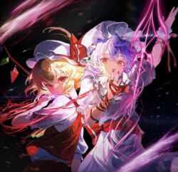  2girls 5swcf1iy8k31657 arm_ribbon artist_collaboration ascot back_bow bat_wings blonde_hair bow collared_shirt commentary_request crystal crystal_wings flandre_scarlet hair_between_eyes hat hat_ribbon highres looking_at_viewer medium_hair mob_cap multicolored_wings multiple_girls one_side_up open_mouth pointy_ears puffy_short_sleeves puffy_sleeves purple_hair red_ascot red_bow red_eyes red_nails red_ribbon red_skirt red_vest remilia_scarlet ribbon shirt short_sleeves siaaaa siblings sisters skirt skirt_set smile spear_the_gungnir touhou vest white_hat white_shirt white_skirt wings yellow_ascot 