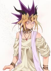  1boy ancient_egyptian_clothes atem bare_shoulders blonde_hair blue_eyes circlet commentary demon_horns feathered_wings gold_bangle gold_choker hair_between_eyes horns jewelry male_focus multicolored_hair necklace off-shoulder_shirt off_shoulder parted_bangs purple_hair sash shirt sketch solo spiky_hair twitter_username two-tone_hair untranslatable_commentary upper_body white_background white_sash wings yomokarii yu-gi-oh! 