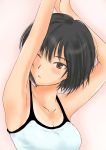 amagami armpits arms_up black_hair blush bob_cut breasts brown_eyes cleavage gradient gradient_background highres murasaki_iro nanasaki_ai parted_lips pink_background short_hair solo stretch tan tank_top tanline white_background wink 