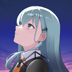  1girl ascot blazer brown_jacket clouds collared_shirt commentary_request dress_shirt green_eyes green_hair headshot jacket kantai_collection looking_up orange_ascot purple_sky shirt sky solo suzuya_(kancolle) teramoto_kaoru upper_body white_shirt 