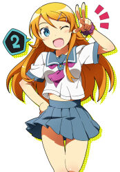  1girl :d ;d arieko bad_fc2_link bad_id bad_link blue_eyes blue_sailor_collar blue_skirt cowboy_shot drop_shadow fang hair_ornament hairclip hand_on_own_hip hand_up kousaka_kirino kousaka_kirino's_school_uniform long_hair looking_at_viewer midriff_peek miniskirt necktie notice_lines one_eye_closed open_mouth orange_hair ore_no_imouto_ga_konna_ni_kawaii_wake_ga_nai pink_necktie pleated_skirt purple_scrunchie sailor_collar school_uniform scrunchie shirt short_sleeves simple_background skirt smile solo speech_bubble spoken_number standing w white_background white_shirt wrist_scrunchie 