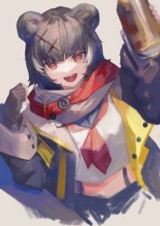  1girl :d absurdres animal_ears arknights bear_ears bear_girl beer_can black_gloves black_hair black_jacket can commentary cropped_shirt drink_can fingerless_gloves gloves hair_ornament hands_up highres holding holding_can jacket leto_(arknights) long_sleeves looking_at_viewer midriff miike_(992058) multicolored_hair neckerchief off_shoulder open_clothes open_jacket open_mouth red_eyes red_neckerchief shirt short_hair simple_background smile solo streaked_hair white_background white_shirt white_streaks 