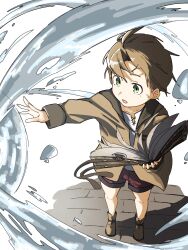  1boy book brown_hair casting_spell child commentary green_eyes highres holding holding_book ko1234_5678 male_focus mushoku_tensei open_book open_mouth red_shorts rudeus_greyrat shirt shorts solo sweatdrop untranslatable_commentary water white_background white_shirt 