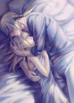  1girl bed bedivere blonde_hair blue_eyes blush dress fate/stay_night fate_(series) hair_down kanmuri_(hanyifan30338) long_hair on_bed pillow ponytail saber 