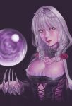  breasts choker claw_(weapon) cleavage drill_hair flower highres hood jewelry large_breasts murasaki-sin necklace orb pearl red_eyes rose silver_hair solo soul_calibur soulcalibur soulcalibur_v viola viola_(soulcalibur) 