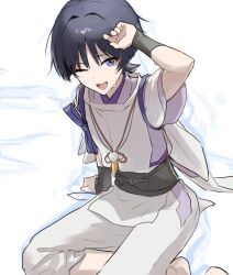  1boy arm_at_side arm_support barefoot belt black_belt black_bow black_hair blunt_ends bow choppy_bangs clothing_cutout curled_fingers eyeliner feathers genshin_impact hand_up itogens japanese_clothes kariginu kimono layered_sleeves looking_at_viewer makeup male_focus one_eye_closed pants pelvic_curtain pink_kimono pink_sleeves pom_pom_(clothes) purple_bow red_eyeliner scaramouche_(genshin_impact) scaramouche_(kabukimono)_(genshin_impact) short_sleeves side_cutout sitting solo string sweat sweatdrop tasuki tsurime white_background white_pants white_sleeves yellow_feathers 