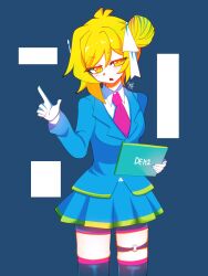  1girl absurdres akita_neru alternate_hairstyle antenna_hair asymmetrical_hair black_shorts black_thighhighs blonde_hair blue_background blue_jacket blue_skirt collared_shirt commentary english_commentary gloves green_trim hair_bun hair_ribbon highres holding holding_tablet_pc index_finger_raised jacket jitome limited_palette looking_at_viewer looking_to_the_side necktie o-ring o-ring_thigh_strap open_mouth red_necktie red_trim ribbon saw_art06 shirt shorts signature skirt tablet_pc thigh-highs thigh_strap vocaloid white_gloves white_ribbon white_shirt yellow_eyes 