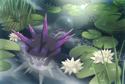  animal_focus closed_mouth commentary_request flower grass highres kakiikada lens_flare lily_pad no_humans overqwil partially_submerged pokemon pokemon_(creature) pokemon_focus solo spikes swimming white_flower 