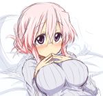  blush breasts glasses impossible_clothes impossible_sweater large_breasts lucky_star lying on_back pillow pink_hair purple_eyes ribbed_sweater sketch solo sweater takara_miyuki take_(shokumu-taiman) violet_eyes 