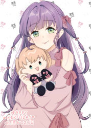  1girl :p bare_shoulders blush bow cerise_bouquet character_doll character_name cleavage_cutout closed_mouth clothing_cutout commentary_request dated doll dress green_eyes hair_bow happy_birthday harukawa_inoki highres hinoshita_kaho hinoshita_kaho_(birthday_jirai_kei) long_hair long_sleeves looking_at_viewer love_live! love_live!_hasu_no_sora_jogakuin_school_idol_club otomune_kozue otomune_kozue_(birthday_french_girly) pink_bow pink_dress purple_hair shoulder_cutout smile solo tongue tongue_out two_side_up virtual_youtuber white_background 