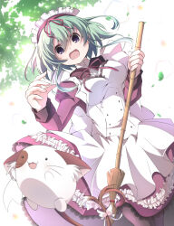  :d angelina_nanatsu_sewell apron blush breasts broom cat commentary_request cowboy_shot dutch_angle falling_leaves floating_hair frilled_apron frilled_skirt frills fuyu_(winter90290612) green_hair hair_between_eyes hands_up highres juliet_sleeves large_breasts leaf long_skirt long_sleeves looking_at_viewer maid maid_apron maid_headdress mashiroiro_symphony medium_hair neck_ribbon open_mouth outdoors pan-nya pink_shirt pink_skirt puffy_sleeves red_ribbon ribbon shirt sidelocks skirt smile violet_eyes white_apron 