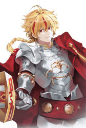  1boy absurdres ahoge armor blonde_hair braid breastplate cape closed_mouth commentary_request excalibur_(fate/strange_fake) fate/strange_fake fate_(series) faulds gauntlets hair_between_eyes highres holding holding_sword holding_weapon kemo_nya korean_commentary looking_at_viewer male_focus multicolored_hair pauldrons red_cape red_eyes red_hair richard_i_(fate) shoulder_armor simple_background single_braid solo streaked_hair sword weapon white_background 