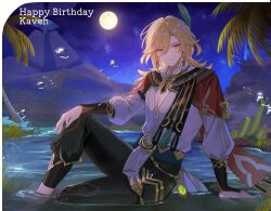  1boy alpaitham black_pants blonde_hair character_name closed_mouth commentary earrings feather_hair feather_hair_ornament feathers full_moon genshin_impact hair_ornament happy_birthday highres jewelry kaveh_(genshin_impact) long_sleeves male_focus moon night pants red_eyes shirt smile solo untranslatable_commentary vision_(genshin_impact) white_shirt 