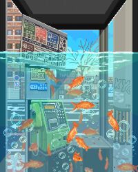  absurdres acronym air_bubble animal apartment artist_name bare_tree blue_sky bubble building city clouds cloudy_sky coin_slot commentary corded_phone day english_commentary fatbeard fish fish_food glass goldfish highres illegible_text immersed japan kyoto minus_sign no_humans no_parking_sign original overhead_door partially_underwater_shot payphone pedestrian_crossing_sign phone phone_booth pixel_art plus_sign procreate_(medium) push-button road road_sign scenery school_of_fish shop sign sky street street_address traffic_cone translation_request tree urban utility_pole water window 